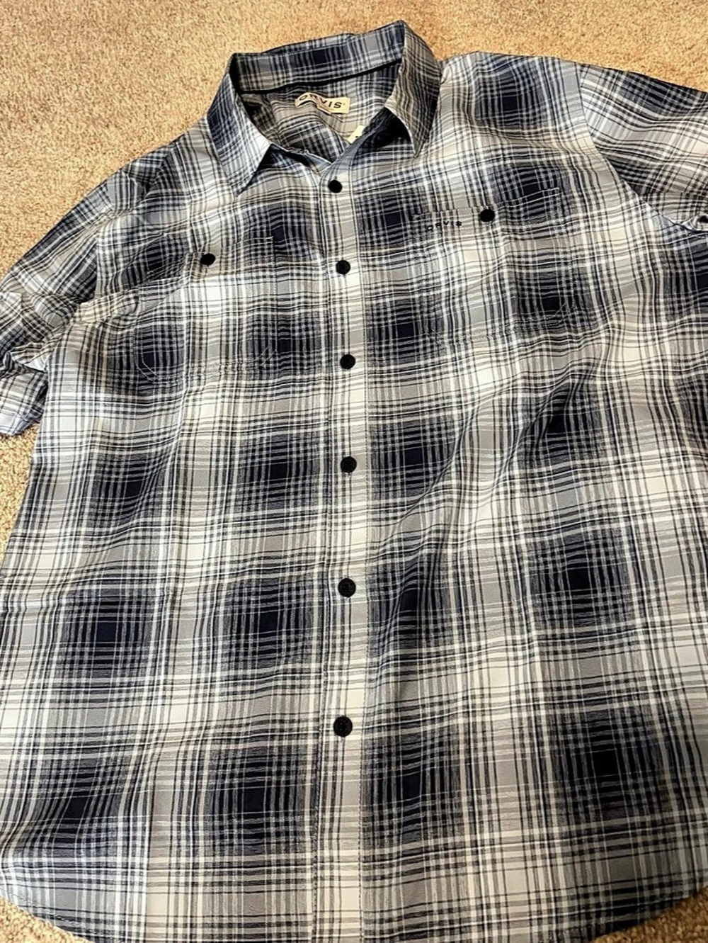 Orvis Short Sleeve Woven Tech Shirt Plaid Blue & Gray Medium
